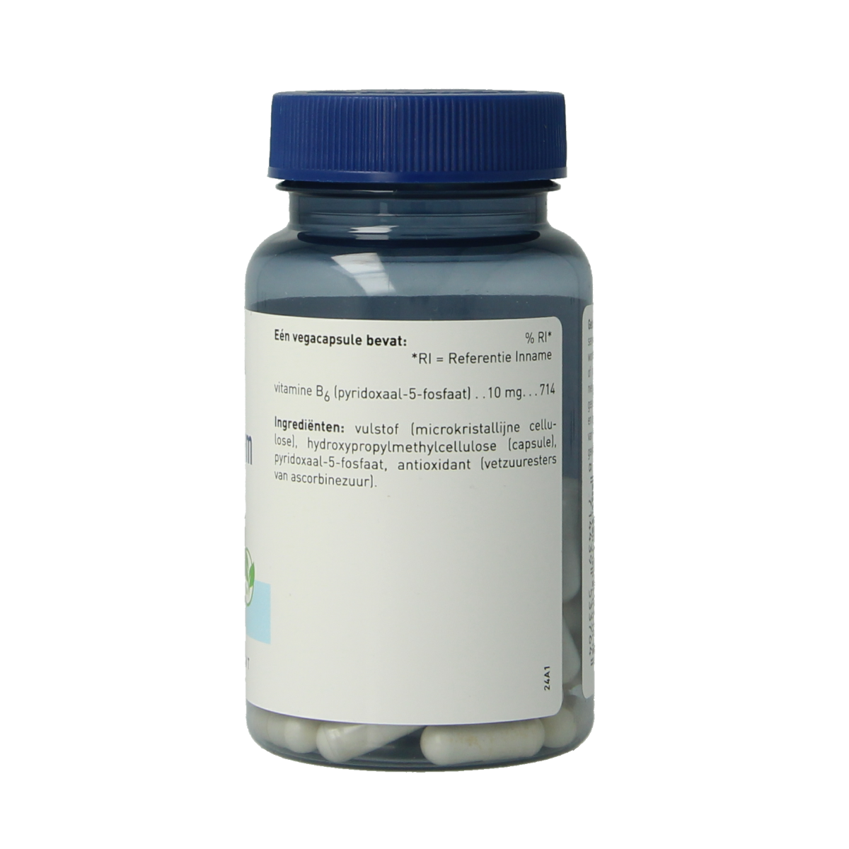 Orthica B6-10 Co-enzym vegetarian capsules, vitamin B6 supplement in a clear bottle with capsules inside.