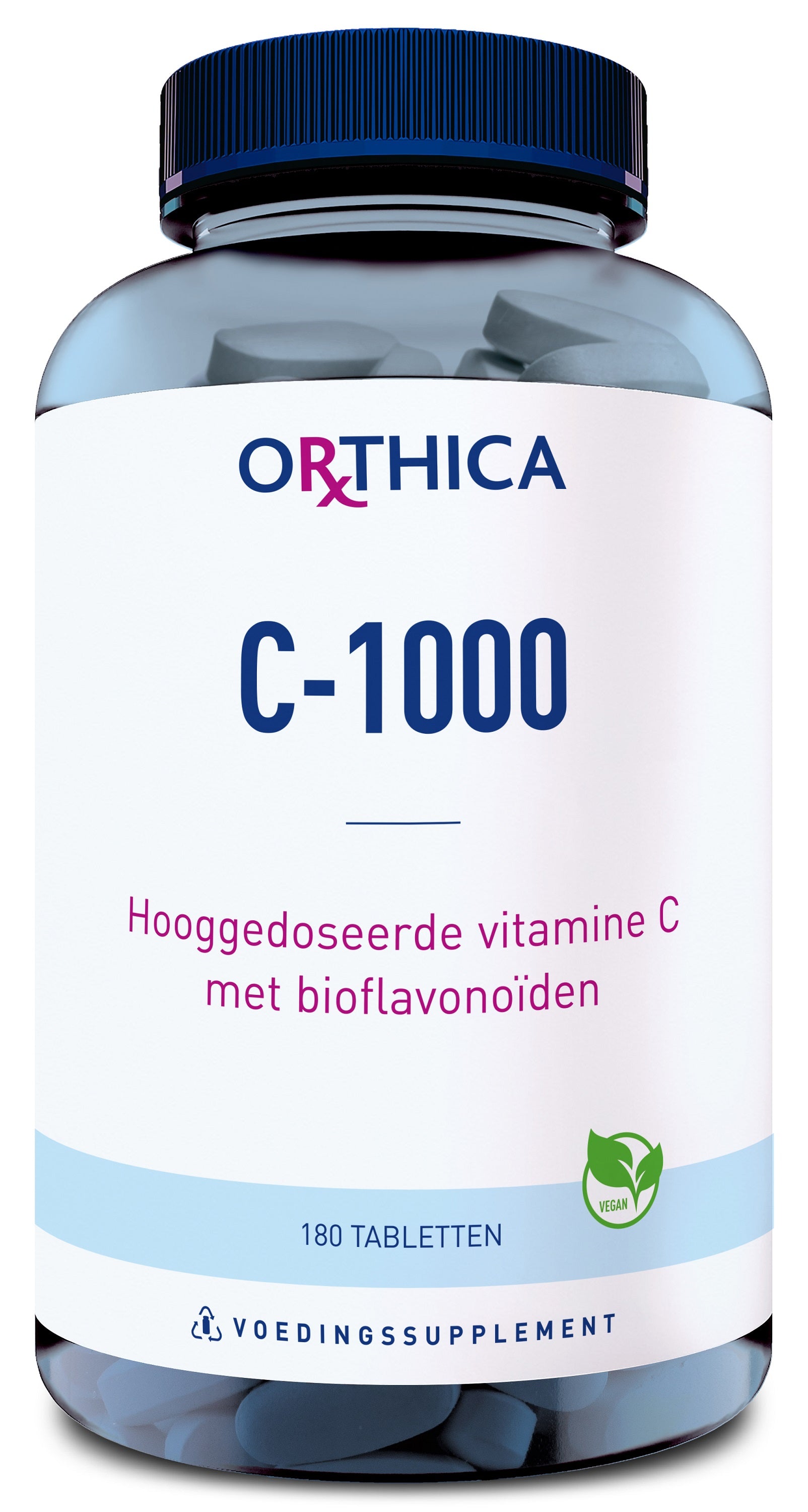Orthica Vitamin C-1000 tablets, dietary supplement, close-up of the bottle showing 180 tablets for immune support.