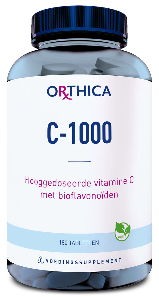 Orthica Vitamin C-1000 tablets, dietary supplement, close-up of the bottle showing 180 tablets for immune support.