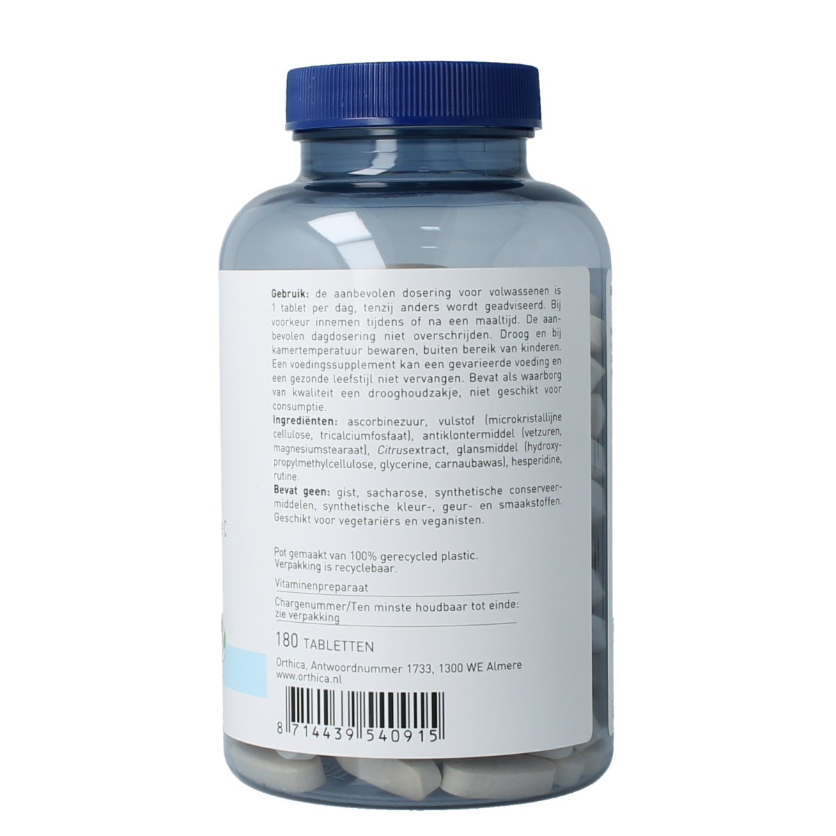 Orthica Vitamine C-1000, 180 tablets, natural vitamin supplement showing the bottle and label with tablets inside.