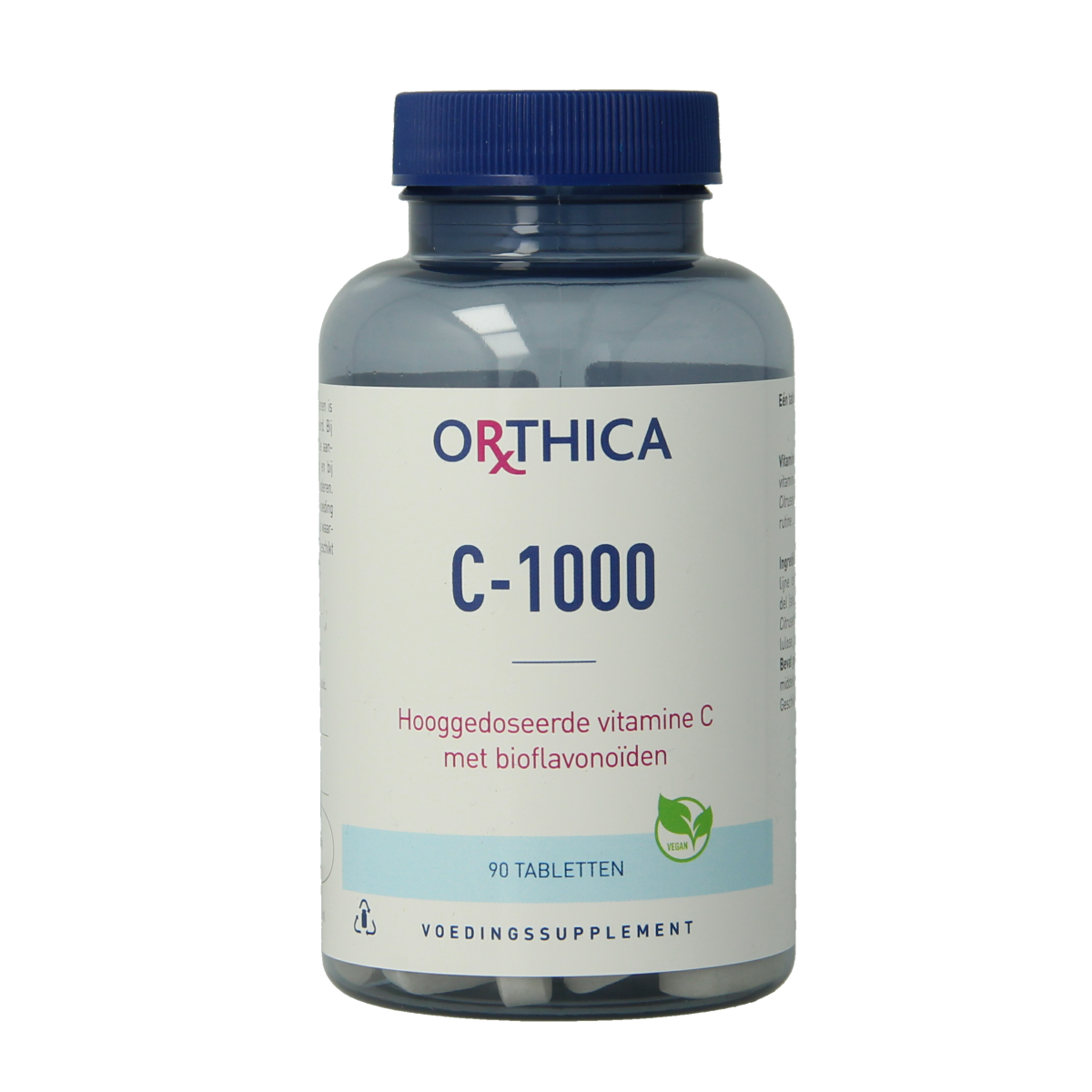 Orthica Vitamine C-1000 tablets in a bottle, showing the supplement's packaging and label on the product.