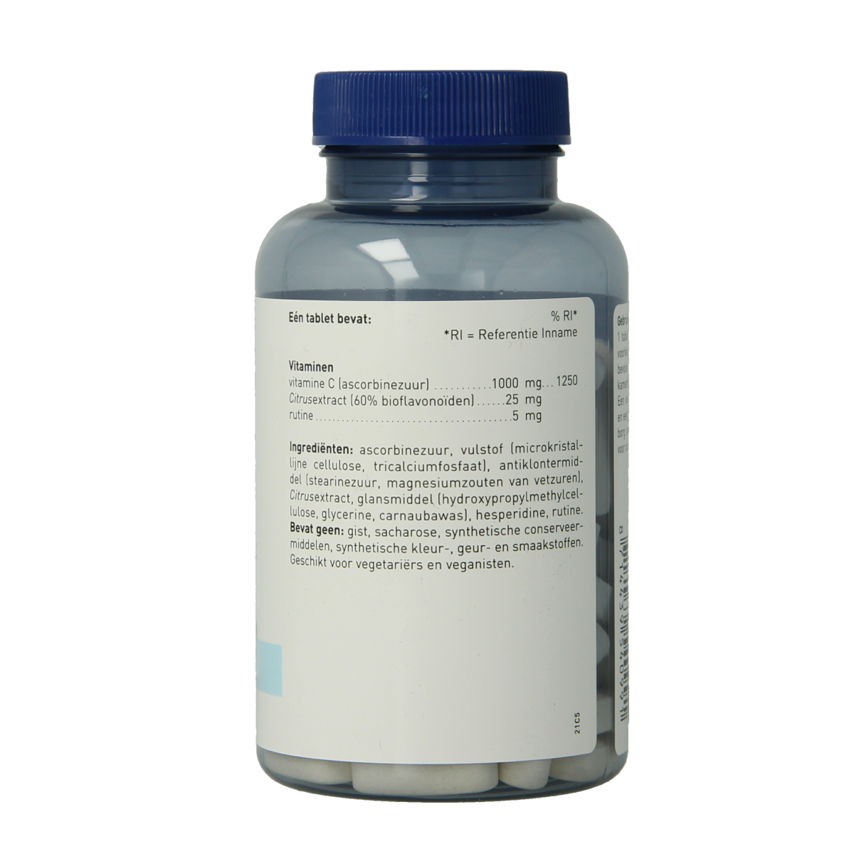 Orthica Vitamin C-1000 supplement in a bottle of 90 tablets, showing the packaging and tablets inside.
