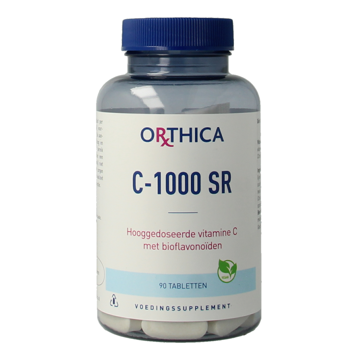 Orthica Vitamin C-1000 SR 90 tablets bottle with label showing supplement details and branding.