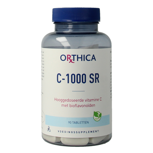Orthica Vitamin C-1000 SR 90 tablets bottle with label showing supplement details and branding.