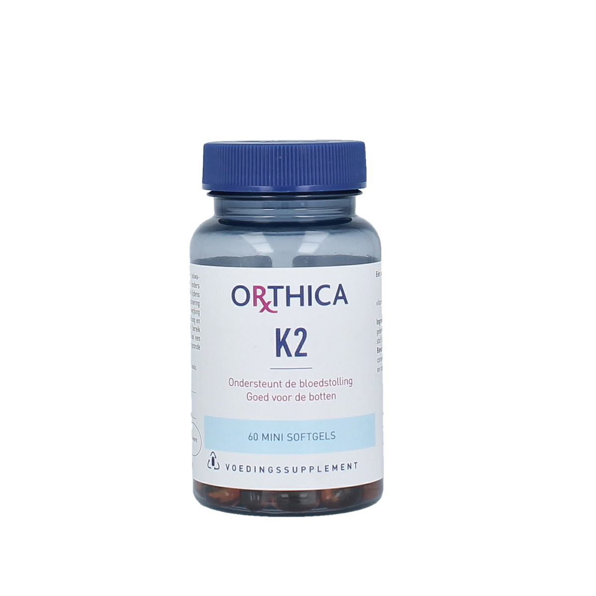 Orthica Vitamin K2 45mcg capsules bottle showing 60 capsules, dietary supplement for bone and cardiovascular health.