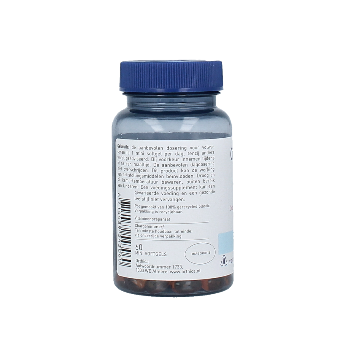 Orthica Vitamin K2 45mcg capsules, natural supplement in a bottle, showing the product packaging and capsules inside.