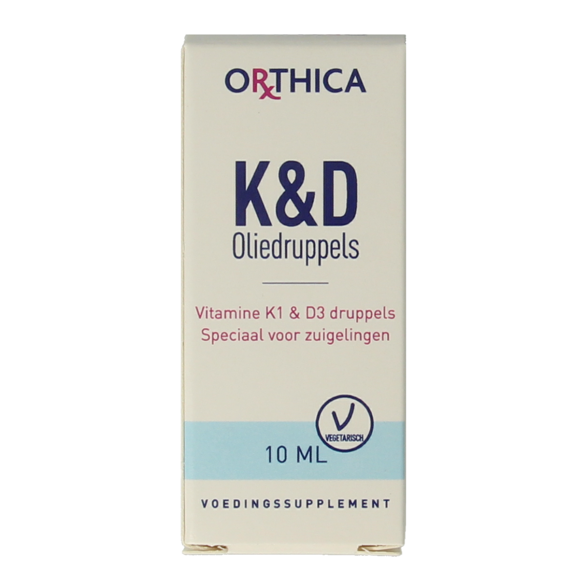 Orthica Vitamin K & D liquid supplement for babies in 10ml bottle, multi-vitamin supplement for healthy development.