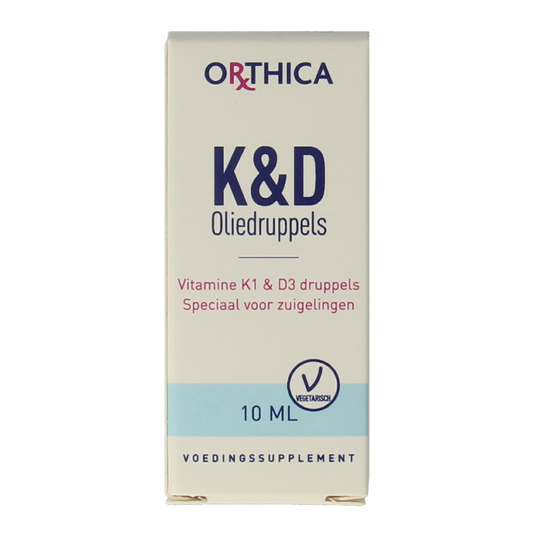 Orthica Vitamin K & D liquid supplement for babies in 10ml bottle, multi-vitamin supplement for healthy development.