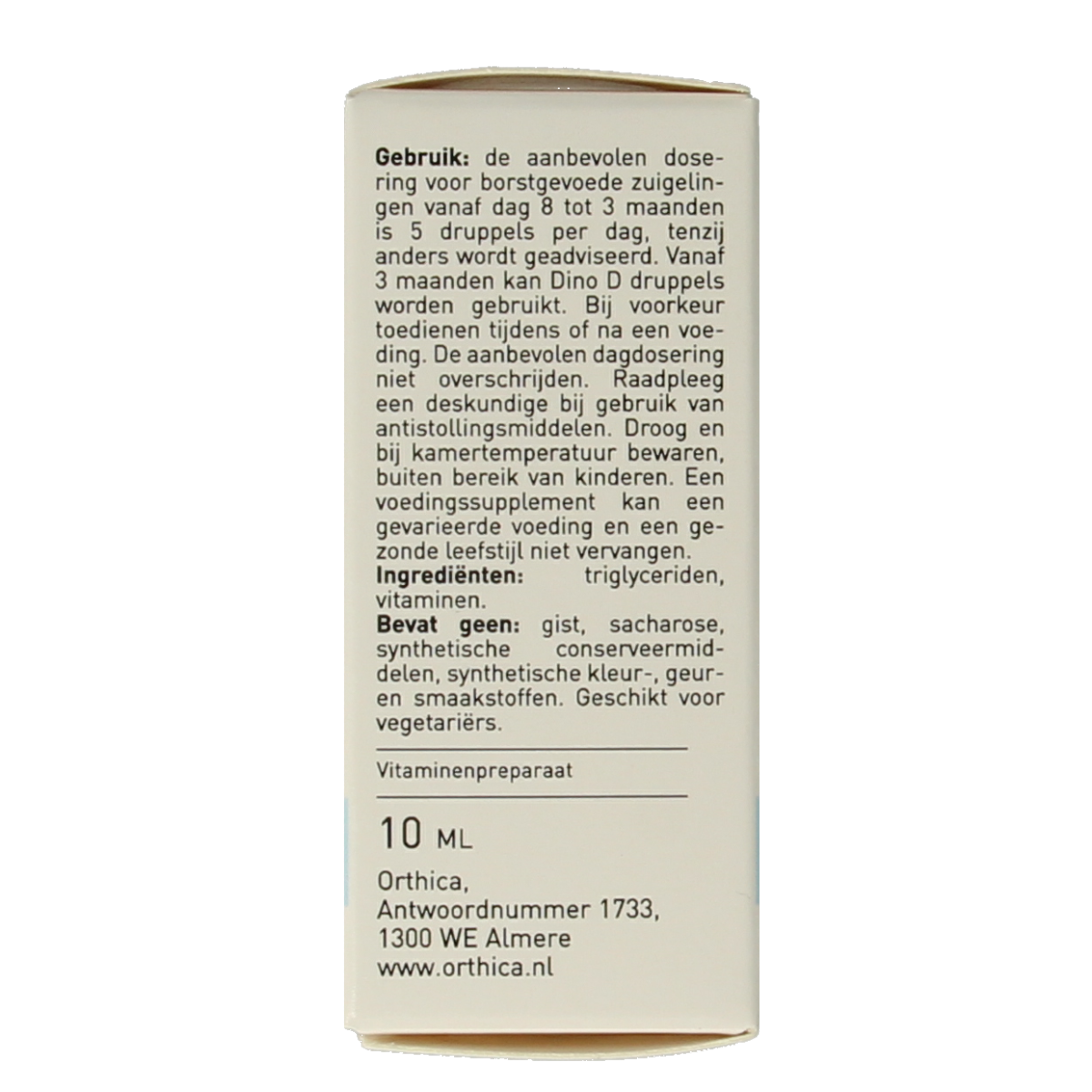 Orthica Vitamine K & D multivitamin liquid for children, 10ml bottle, natural supplement with orange color and dropper cap.