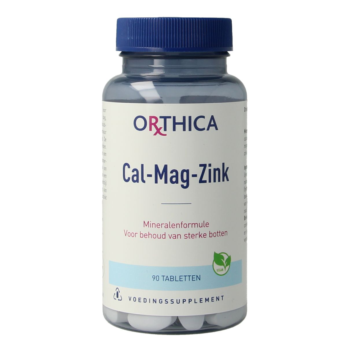 Orthica Cal Mag Zink mineral supplement tablets with calcium, magnesium, and zinc in a bottle, showing the product label.