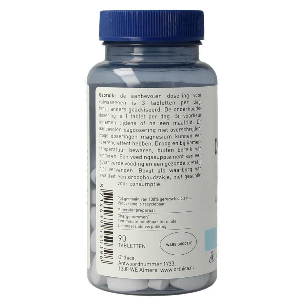 Orthica Cal Mag Zink mineral supplement tablets, showing a close-up of the white tablets in a blister pack.