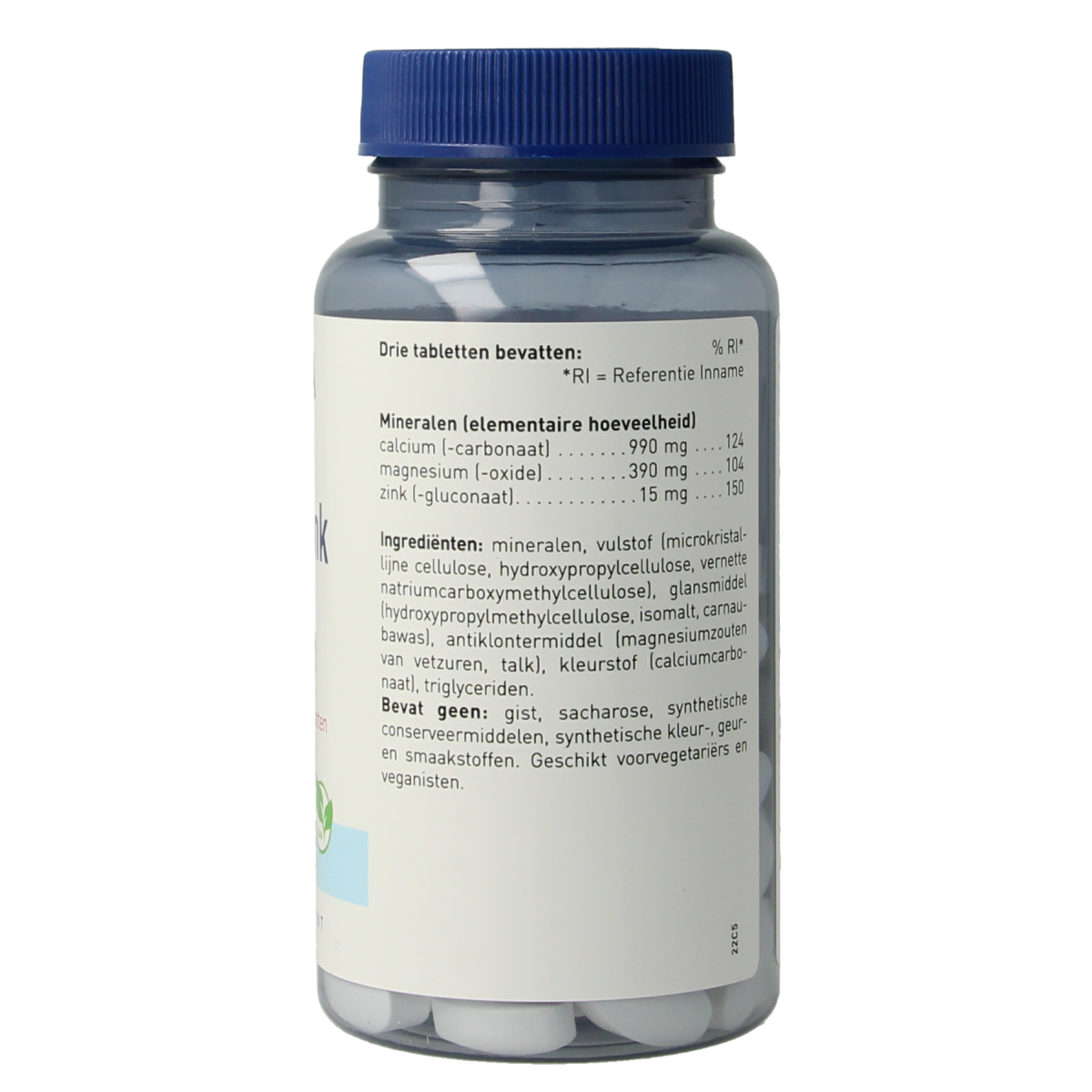 Orthica Cal Mag Zink mineral supplement tablets showing a bottle of Orthica mineral tablets with label and tablets inside.