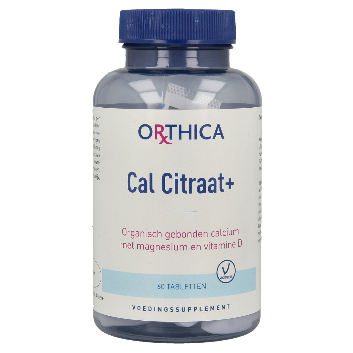 Orthica Cal Citraat mineral supplement bottle with 60 tablets, showing the product label and packaging.