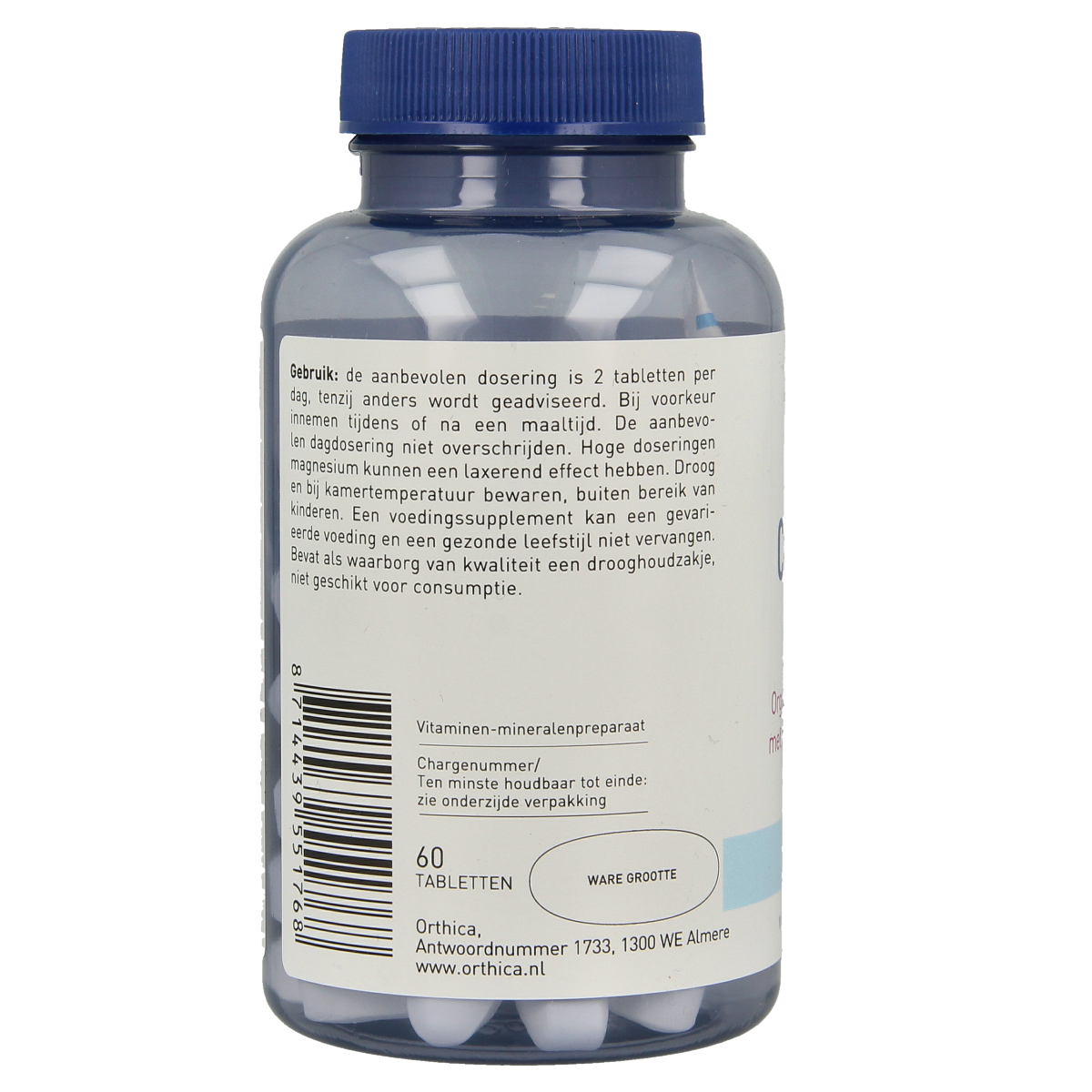 Orthica Cal Citraat mineral supplement with 60 tablets, showing the bottle and tablets in a natural setting.