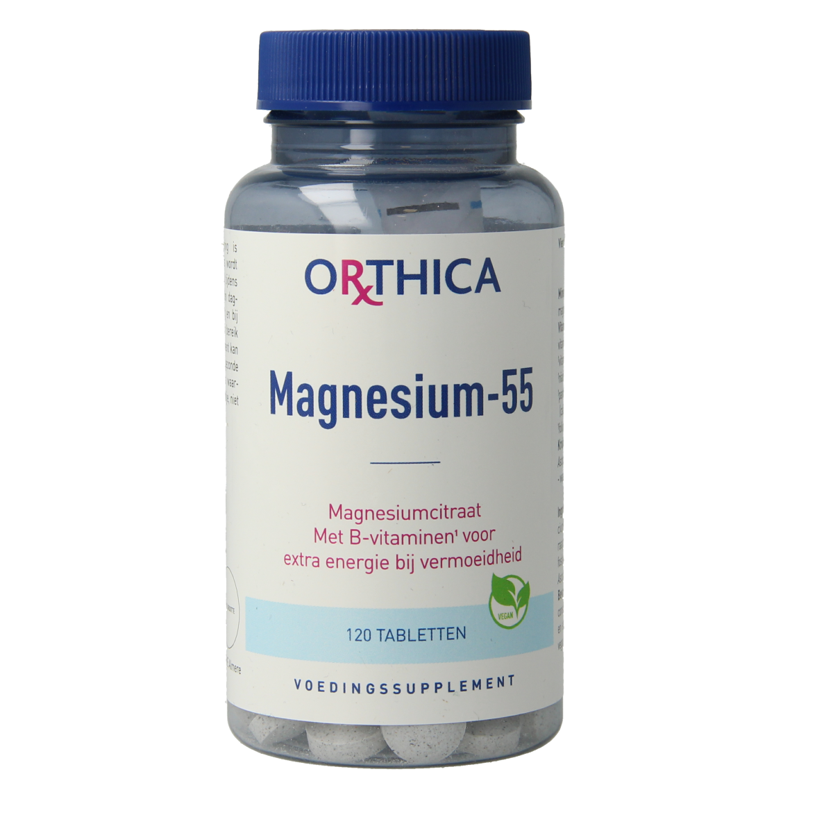 Orthica Magnesium 55 mineral tablets, 120 count, showing the supplement bottle with white tablets inside.