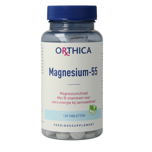 Orthica Magnesium 55 mineral tablets, 120 count, showing the supplement bottle with white tablets inside.