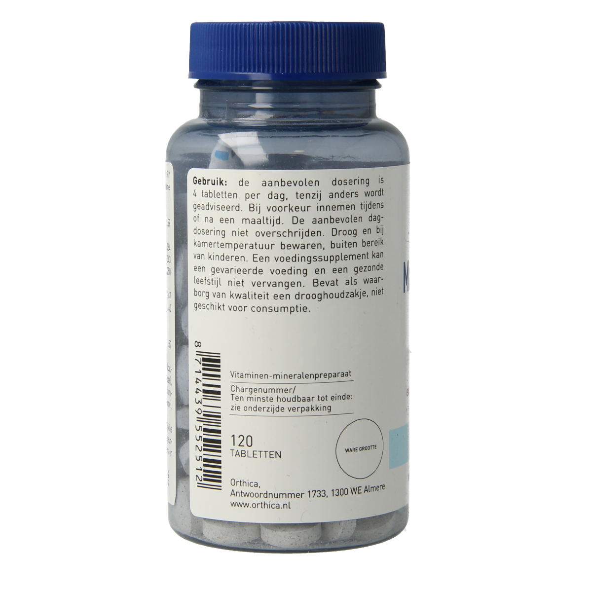 Orthica Magnesium 55 mineral supplement in a bottle of 120 tablets, showing the label and tablets inside the container.