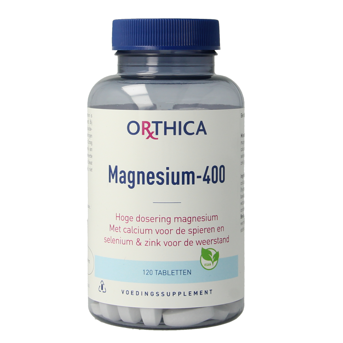 Orthica Magnesium 400 tablets, mineral supplement in a white bottle with label, showing the product name and dosage.