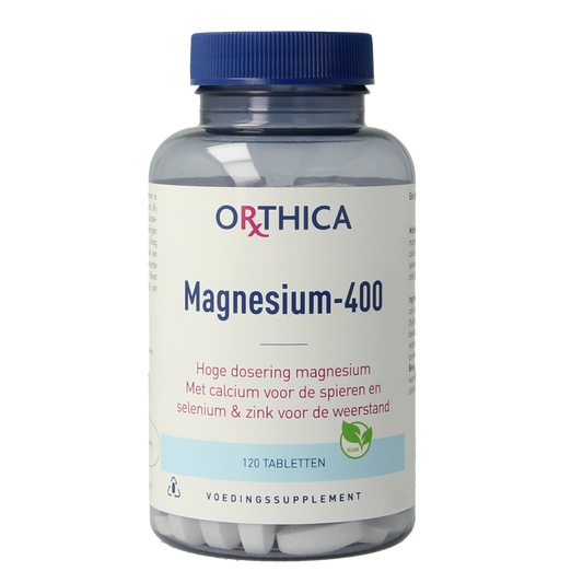 Orthica Magnesium 400 tablets, mineral supplement in a white bottle with label, showing the product name and dosage.