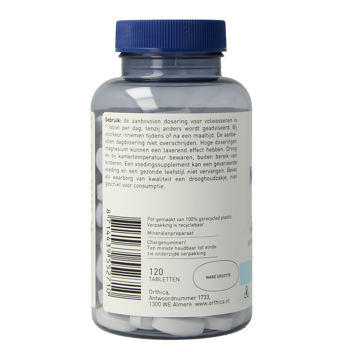 Orthica Magnesium 400mg mineral tablets, 120 count, showing the supplement bottle with tablets inside.