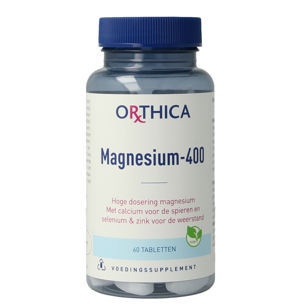 Orthica Magnesium 400 tablets, mineral supplement bottle showing 60 tablets on label.