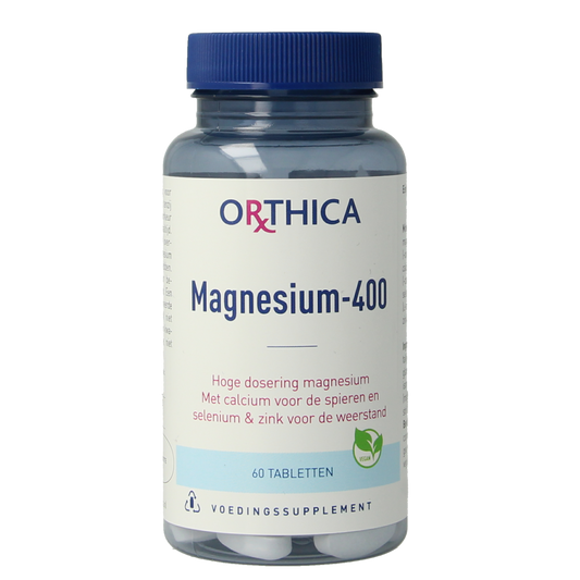 Orthica Magnesium 400 tablets, mineral supplement bottle showing 60 tablets on label.