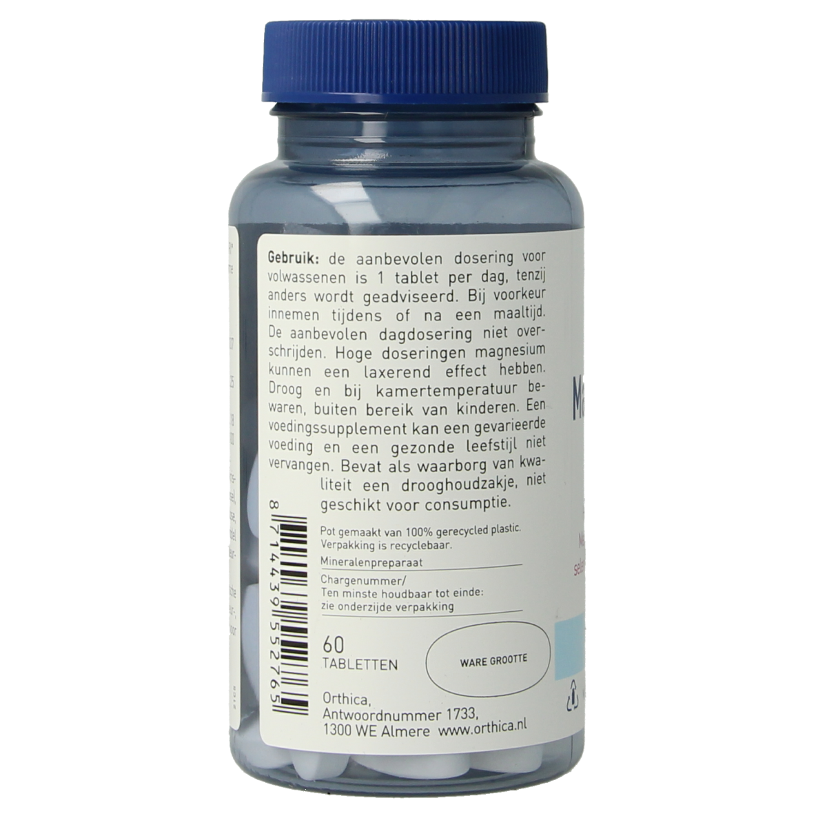 Orthica Magnesium 400 tablets, mineral supplement in a blister pack, showing the packaging label and tablets inside.