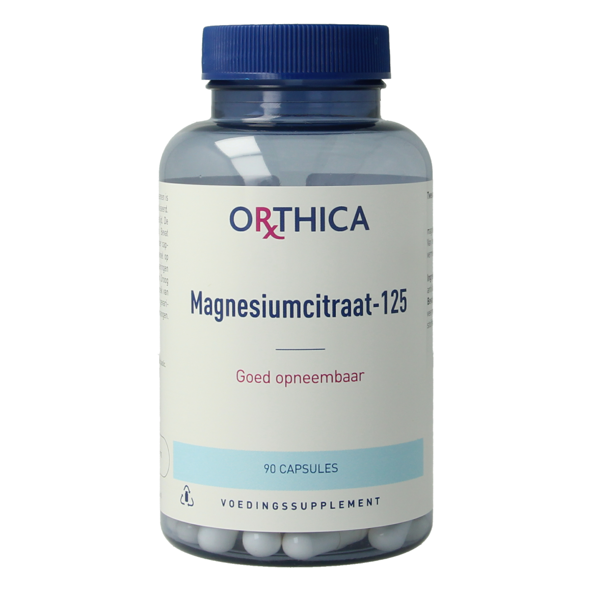 Orthica Magnesium Citraat 125 capsules, mineral supplement in a white bottle with a blue label and cap.