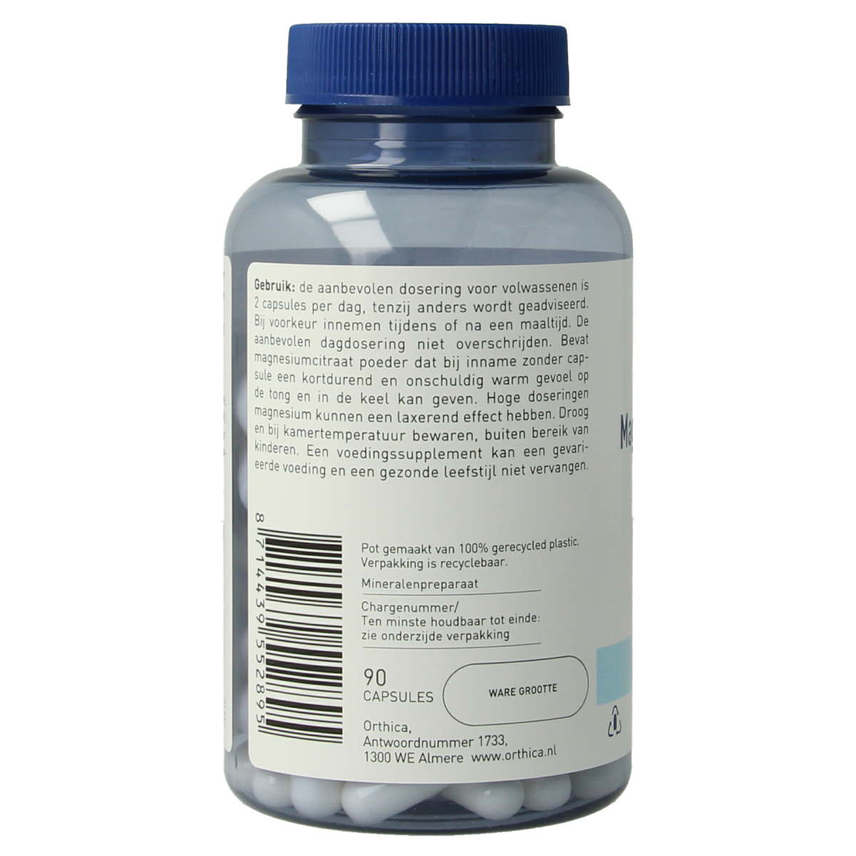 Orthica Magnesium Citraat capsules in a bottle, showing the mineral supplement in a clear container with capsules inside.