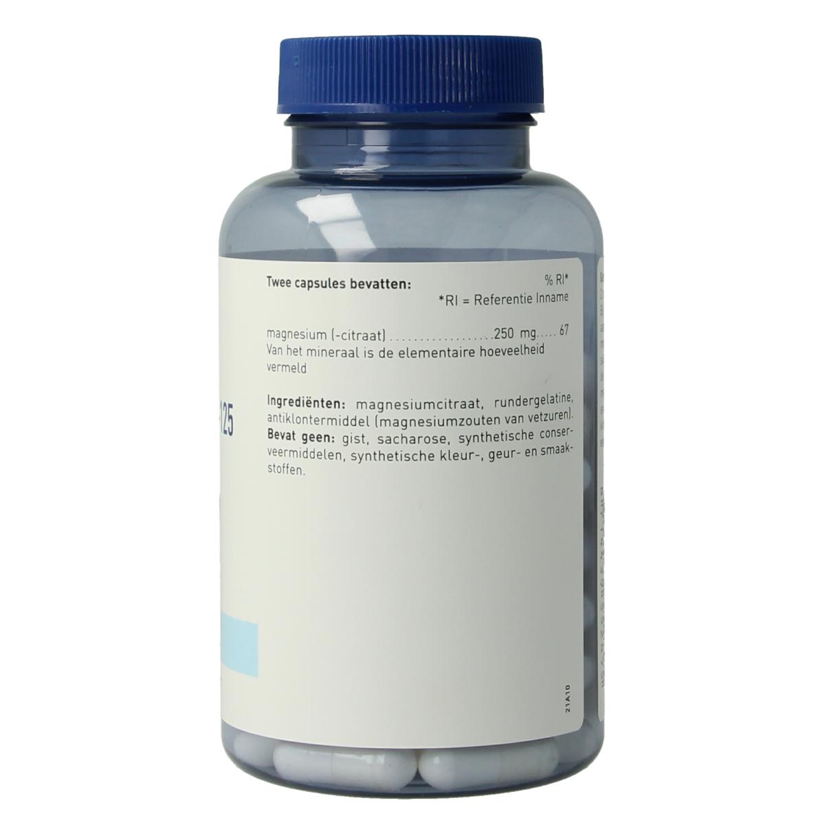 Orthica Magnesium Citraat capsules in a bottle, showing the mineral supplement for muscle and nerve health.