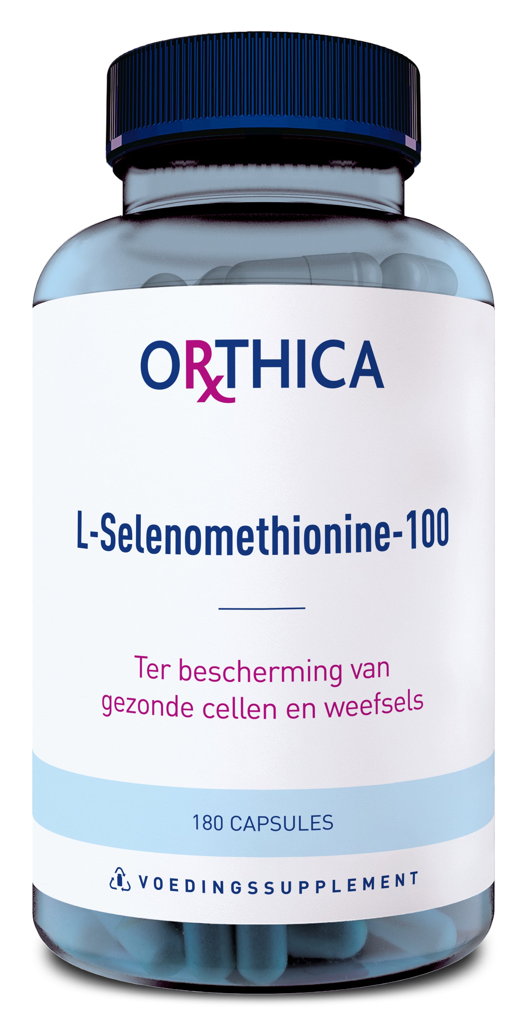 Orthica L-Selenomethionine 100 capsules in a bottle, dietary supplement for mineral support, with label details visible.