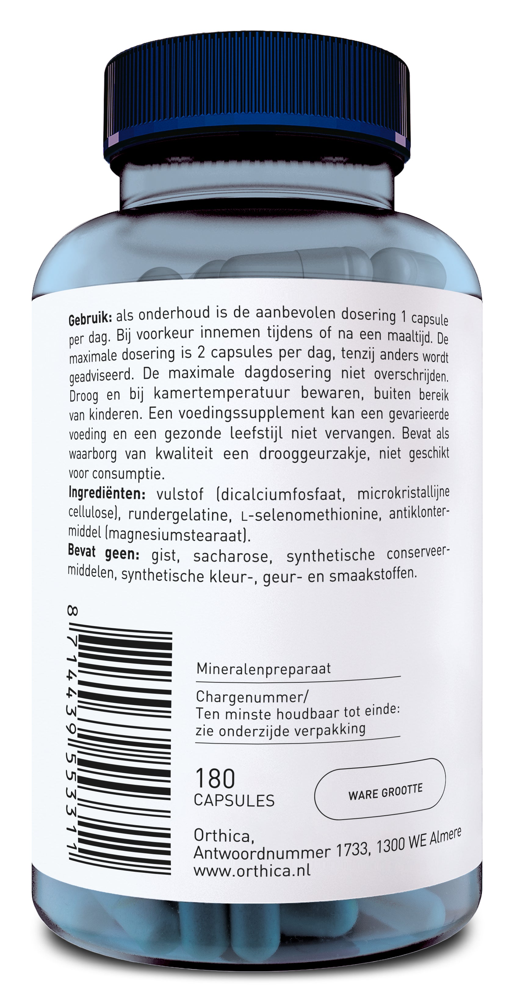 Orthica L-Selenomethionine 100 capsules, mineral supplement in a white bottle with a blue label, shown with capsules inside.