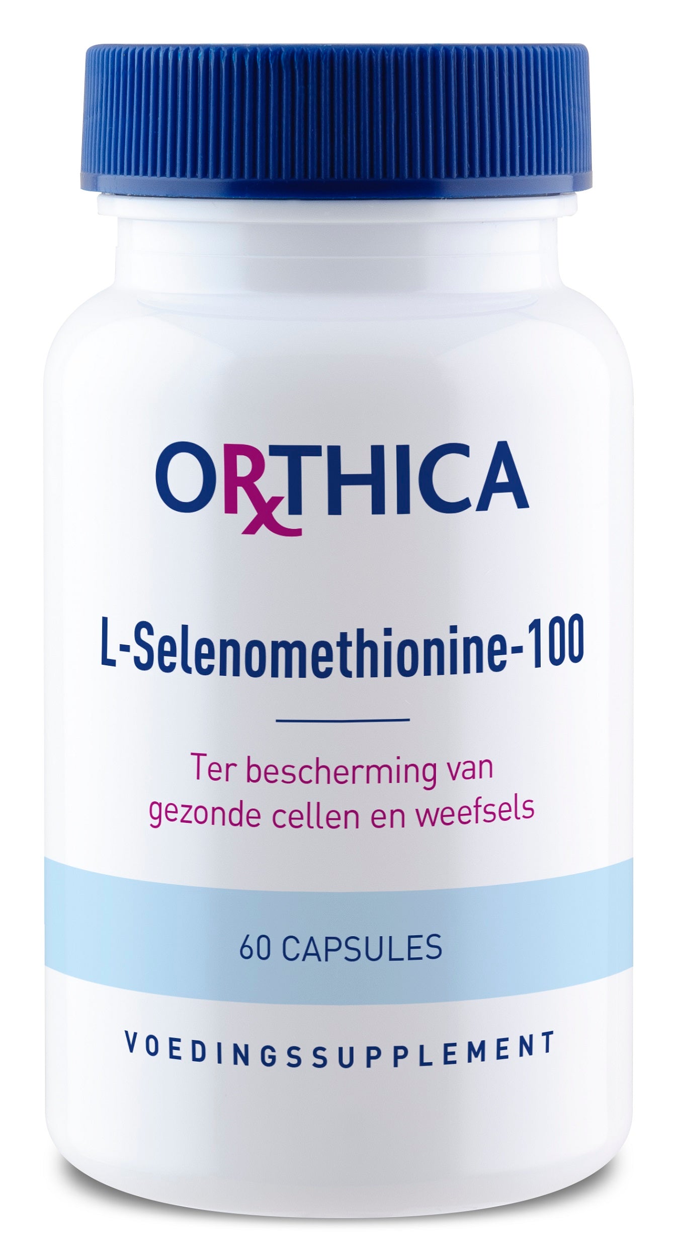 Orthica L-Selenomethionine 100 capsules, mineral supplement bottle with white label and capsules visible inside