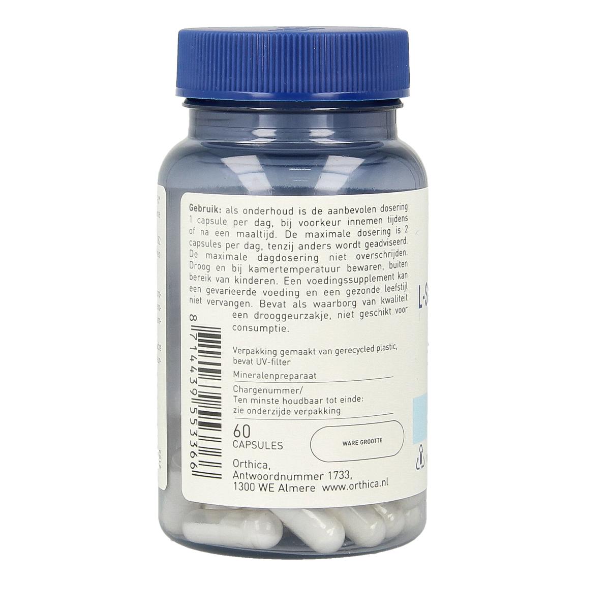 Orthica L-Selenomethionine 100 capsules, mineral supplement with 60 capsules, showing the supplement bottle and label.