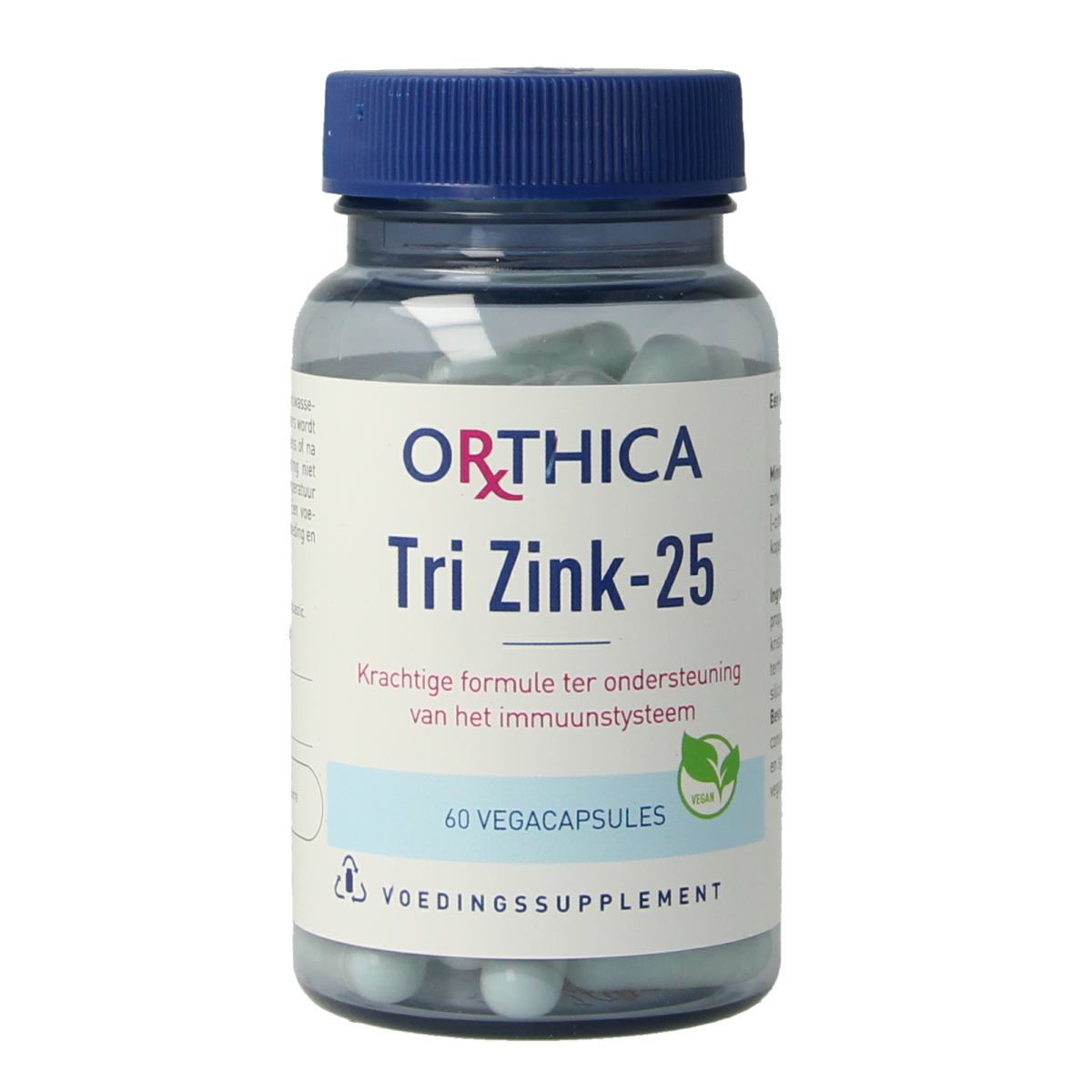 Orthica Tri Zink 25 mineral supplement capsules, multi-mineral formula in a white bottle with capsules inside.