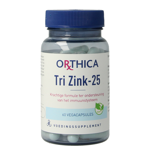 Orthica Tri Zink 25 mineral supplement capsules, multi-mineral formula in a white bottle with capsules inside.
