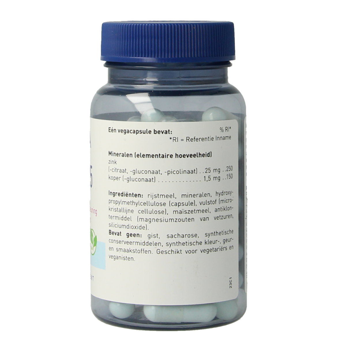 Orthica Tri zink 25 mineral supplement capsules, showing a close-up of the white capsules in a bottle.