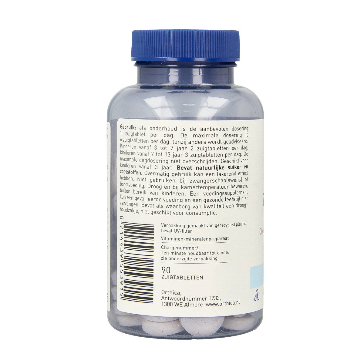 Orthica Zink 90 zinc lozenges in a bottle, showing the mineral supplement's packaging and label.