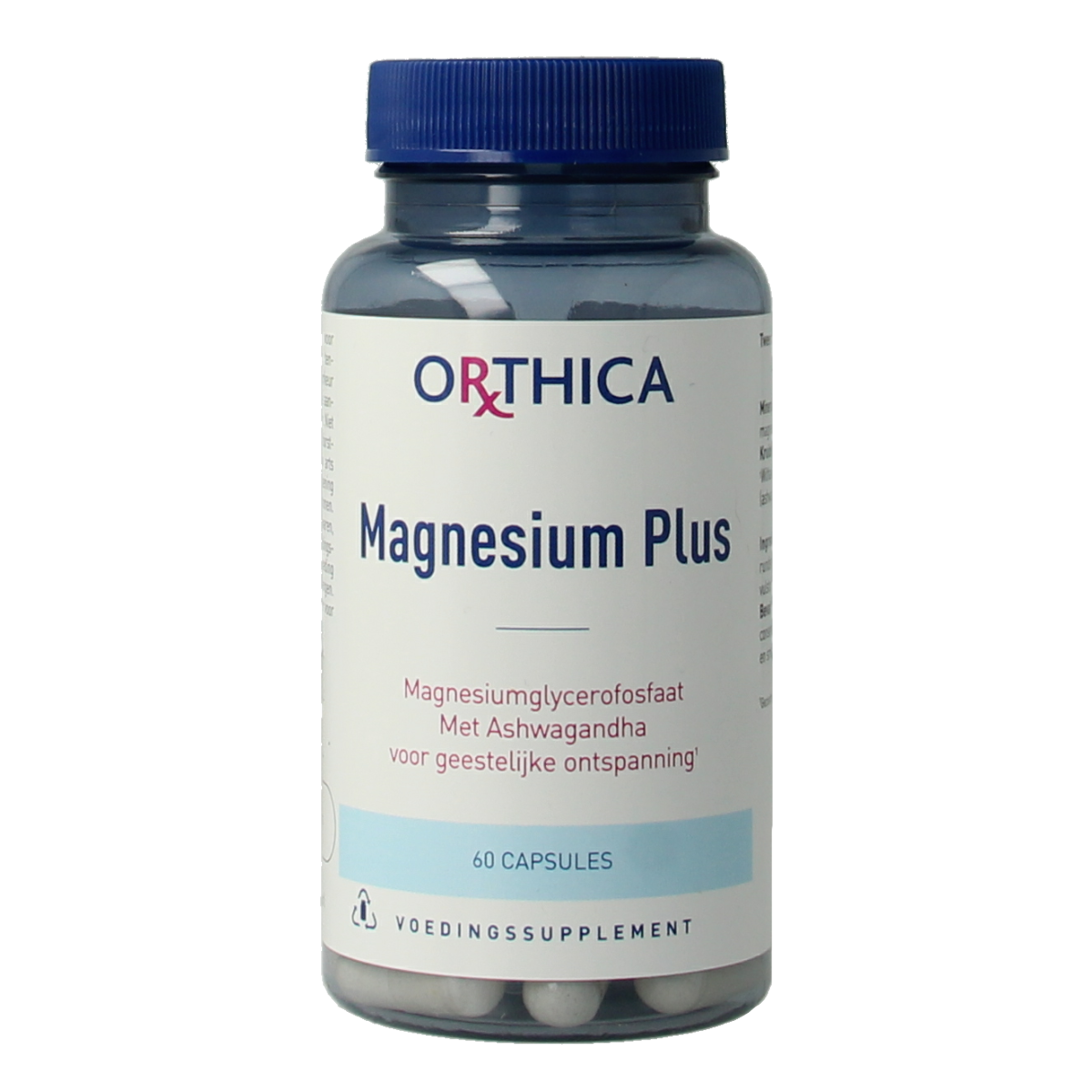 Orthica Magnesium Plus mineral capsules in a bottle, dietary supplement for magnesium intake.