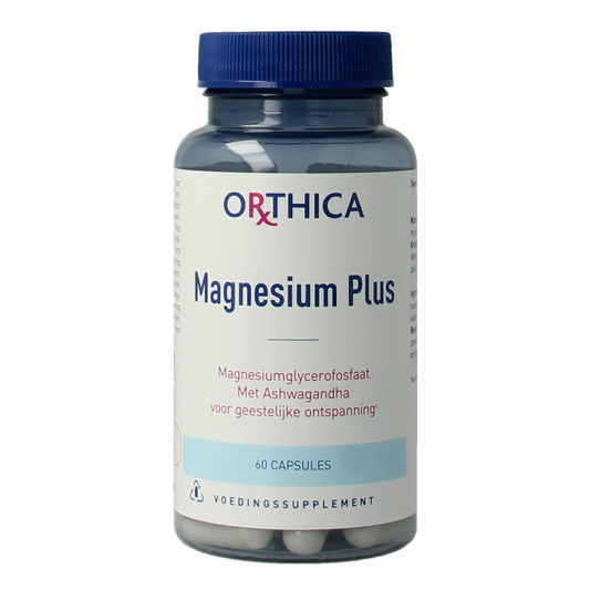 Orthica Magnesium Plus mineral capsules in a bottle, dietary supplement for magnesium intake.
