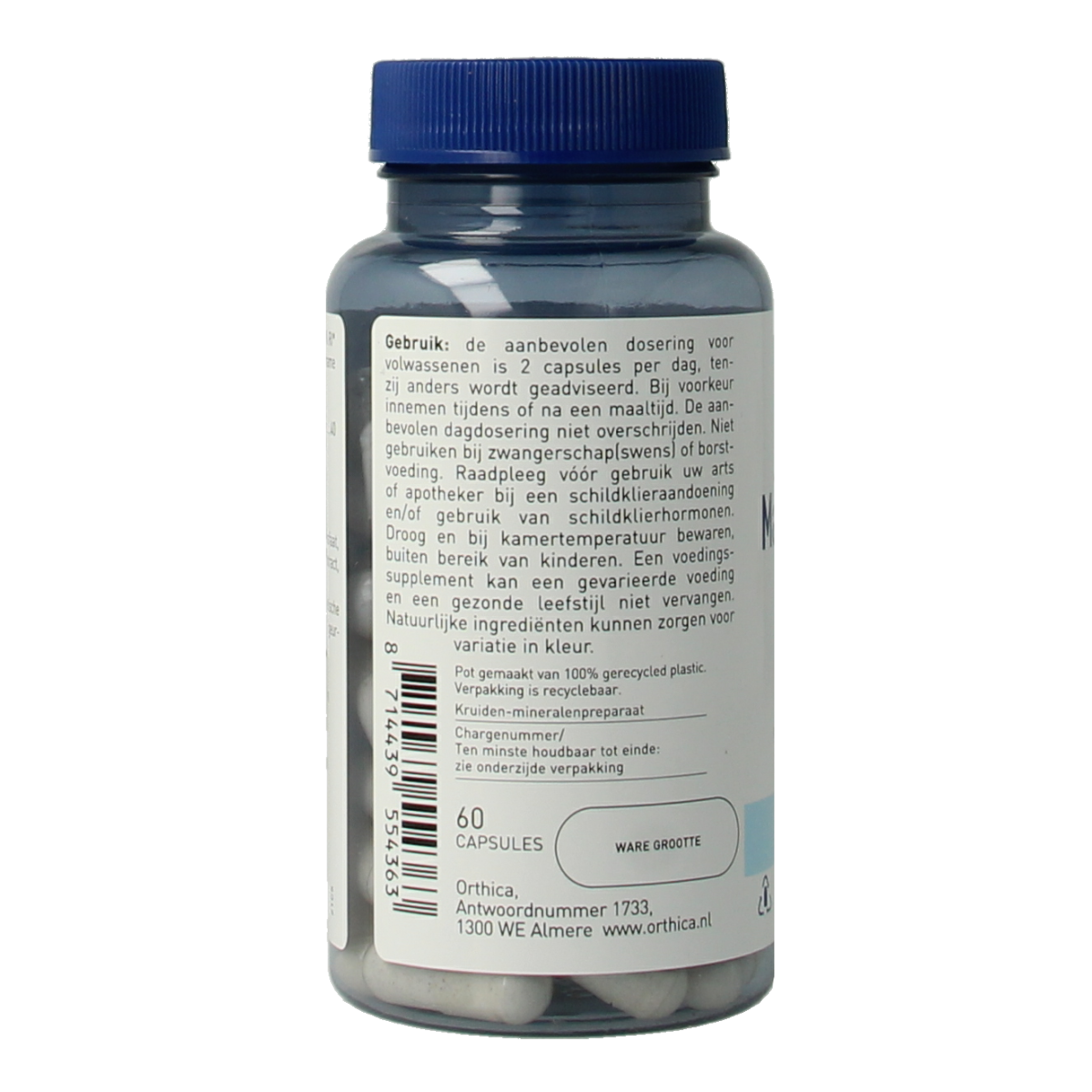 Orthica Magnesium Plus mineral supplement capsules, showing 60 capsules in a bottle for overall magnesium support.