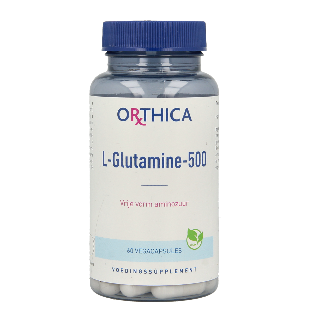 Orthica L-Glutamine 500 vegetarian capsules, dietary amino acids supplement in blister pack with white capsules.