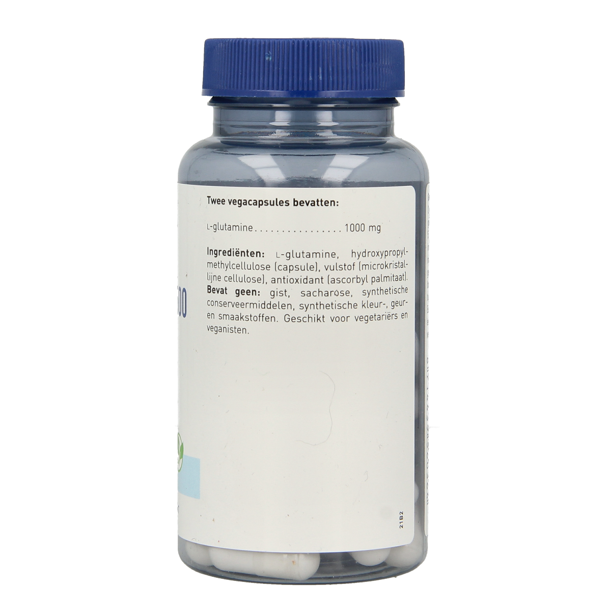 Orthica L-Glutamine 500 vegetarian capsules, amino acids supplement, close-up of the supplement bottle with capsules.