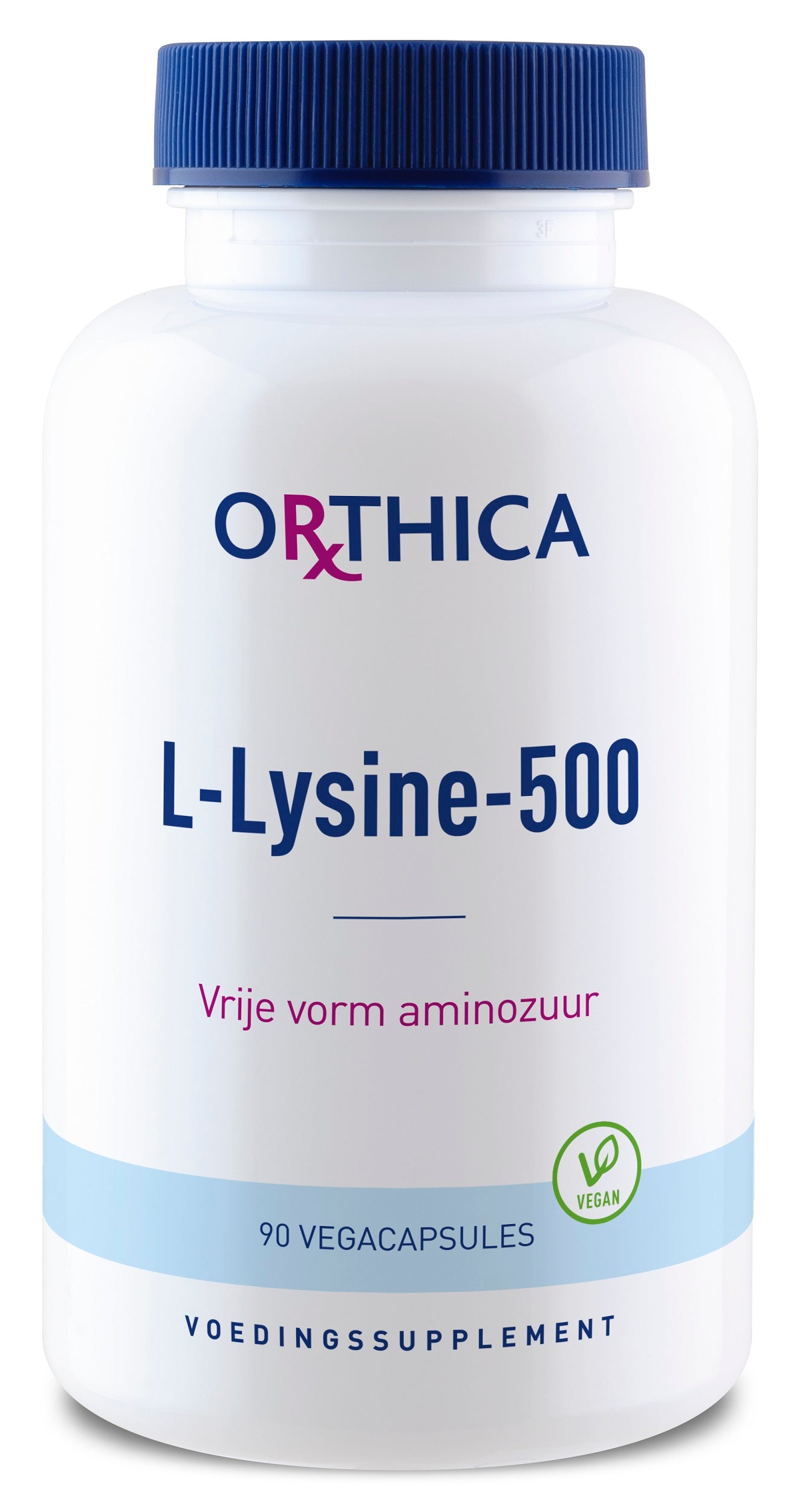 Orthica L-Lysine 500 capsules, dietary amino acid supplement with 90 capsules in a clear bottle on a white background.