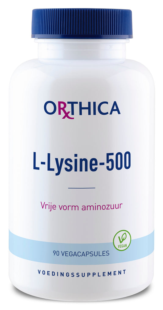 Orthica L-Lysine 500 capsules, dietary amino acid supplement with 90 capsules in a clear bottle on a white background.