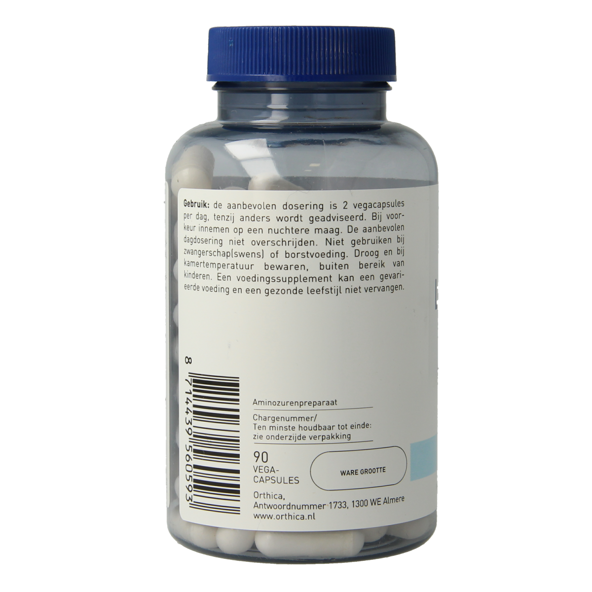 Orthica L-Lysine 500 amino acid capsules, 90-count, in a clear bottle with label showing product details and branding.
