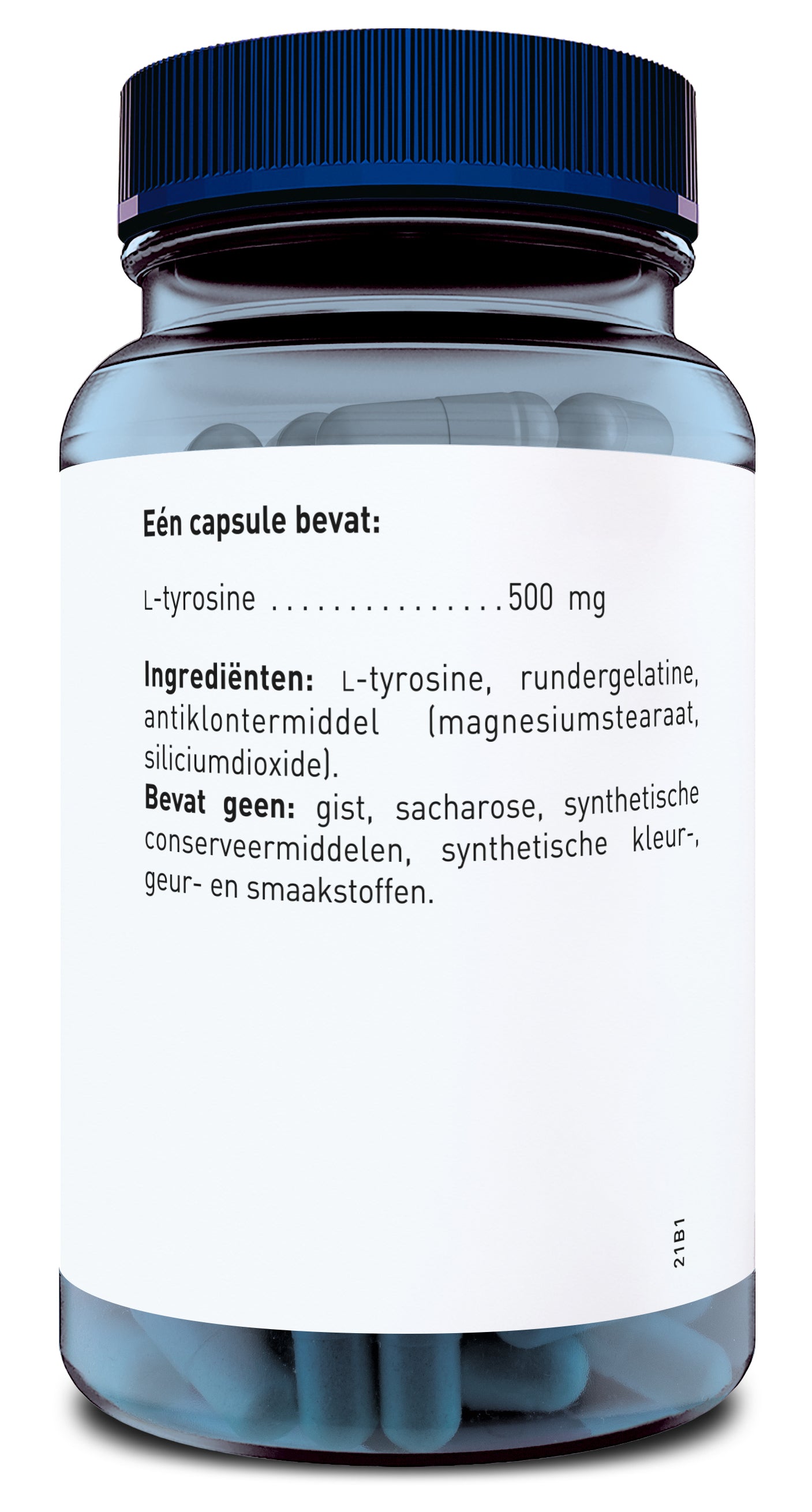 Orthica L-Tyrosine 500 amino acid capsules, 30-count, showing the supplement bottle with label details.
