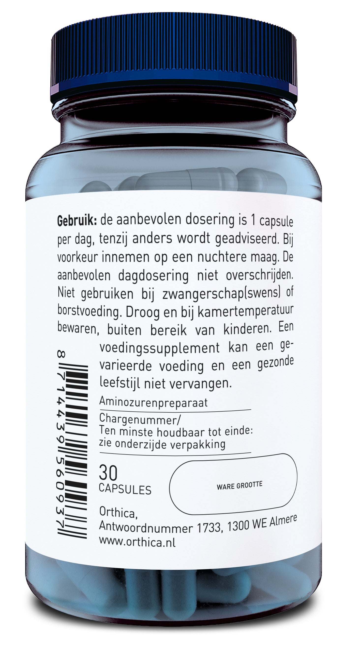 Orthica L-Tyrosine 500 capsules, dietary amino acid supplement, showing the bottle with 30 capsules on the label.