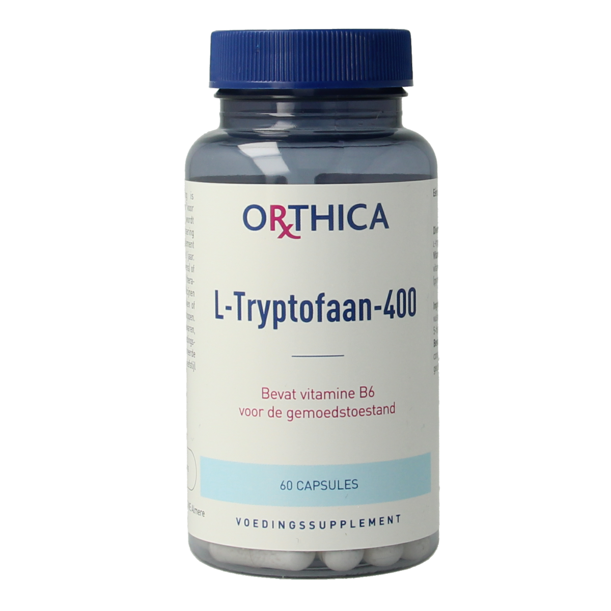 Orthica L-Tryptofaan 400 mg amino acid capsules, 60-count, supplement for mood and relaxation.