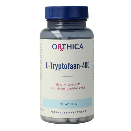 Orthica L-Tryptofaan 400 mg amino acid capsules, 60-count, supplement for mood and relaxation.